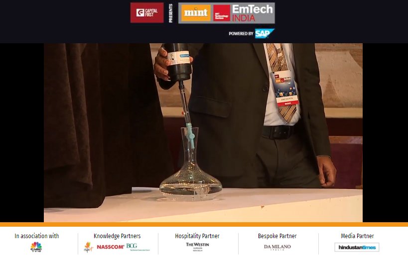 MintEventsLive's tweet photo. Sunil Dhole, Director, Technorbital Advanced Materials, demonstrates the water purifier created with a special polymer that works without electricity, ensuring the needs of those at the bottom of the pyramid are met.
Live from #EmTechIndia 2018 https://t.co/en59NLHKhO https://t.co/6cwz4ijOa5