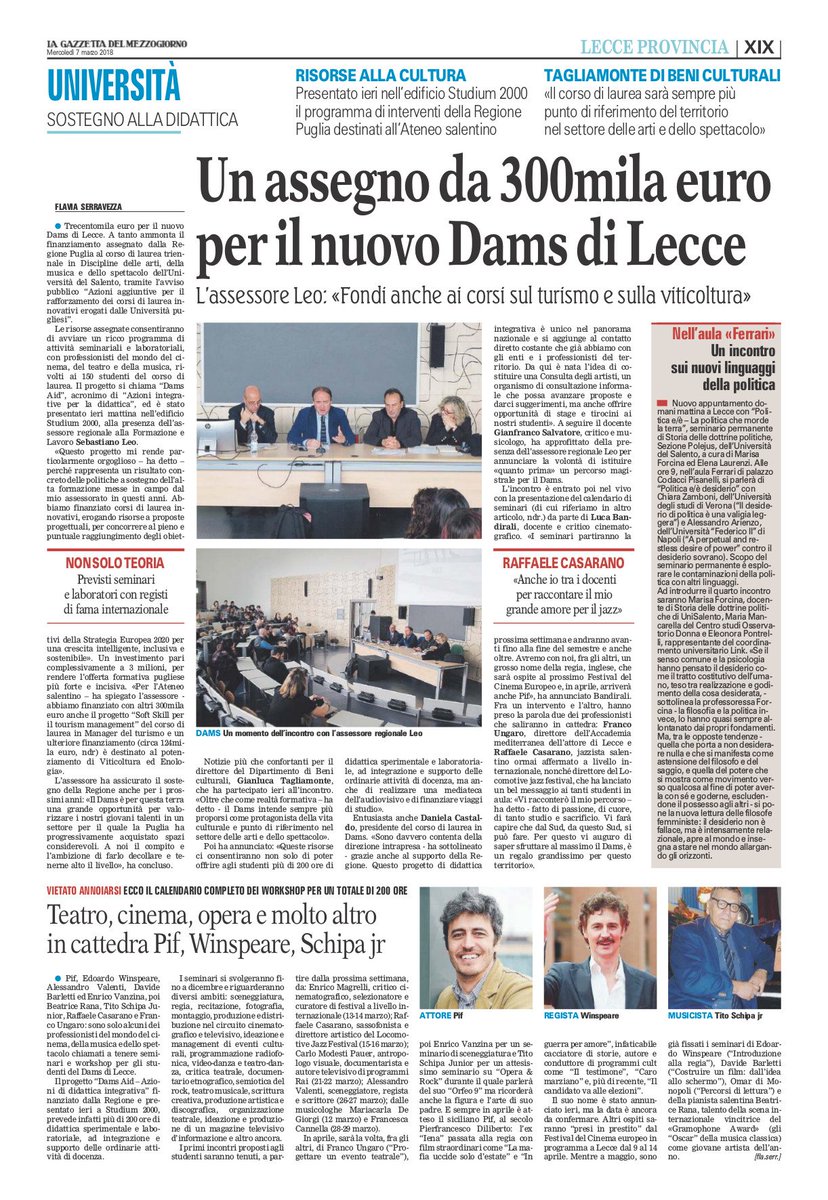 DAMS_Unisalento's tweet photo. 🆕 Il programma #DAMS_AID sulla @LaGazzettaWeb @GazMezzogiorno @DAMS_Unisalento @unisalento @RegionePuglia @BandiraliLuca 💯 https://t.co/1apJzwXP5i