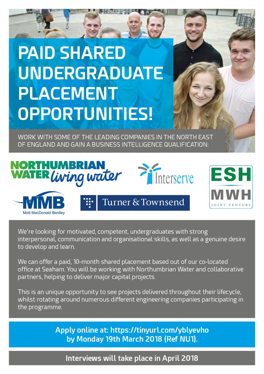 NorthumbrianH2O's tweet photo. We have some paid shared #undergraduate opportunities to work with some of the leading companies in the North East of England and gain a business intelligence qualification!
#seaham #durham #northeasthour #nefollowers  #careers #jobs
Apply online >>https://t.co/2Ag1P6Mn4e https://t.co/NxYreDldVt