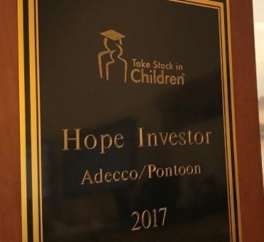 AdeccoGroup's tweet photo. Our @PontoonSolution  team was recognized with the “Hope Investor Award” by the charity "Take Stock in Children” for their contribution through @Win4Youth https://t.co/N5I0fVr0CP