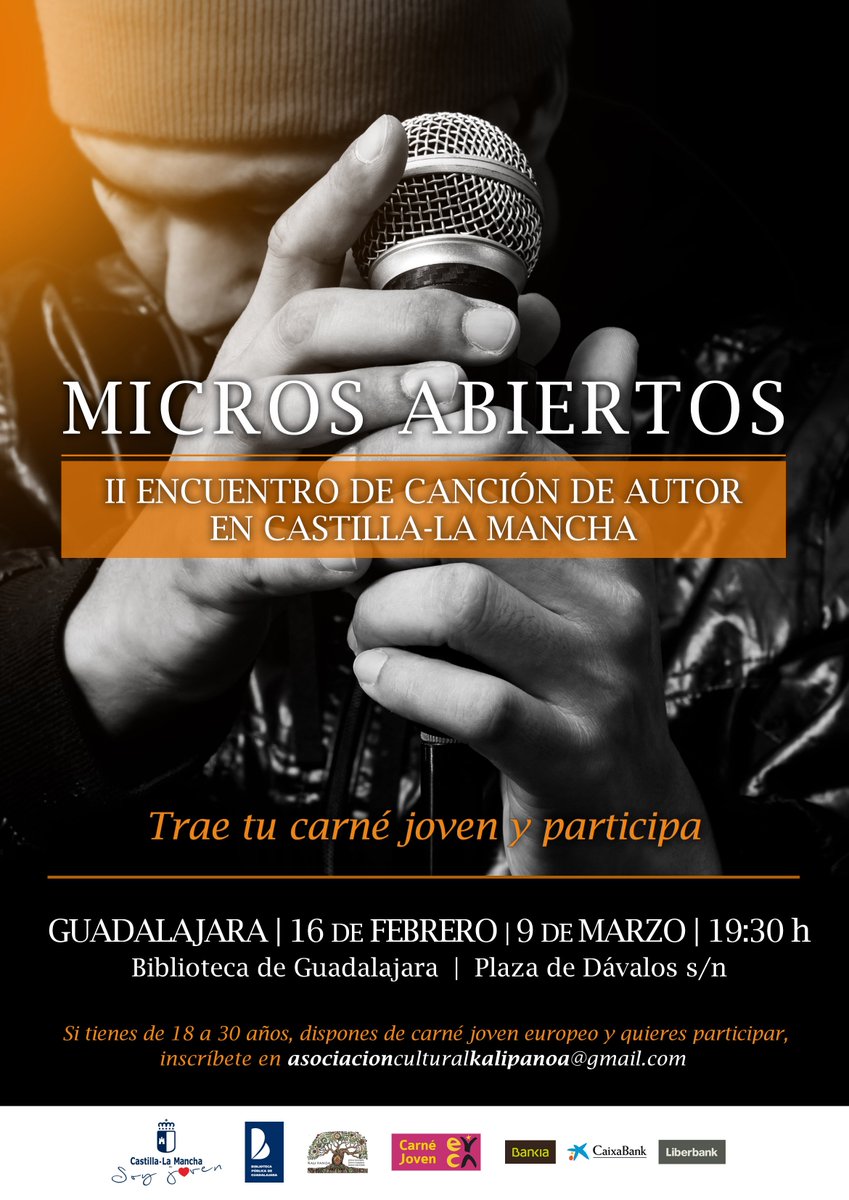 juventudclm's tweet photo. Prosiguen los #MicrosAbiertosCLM, dentro del II Encuentro de Canción de Autor de #CLM, hoy en la Biblioteca de Guadalajara, a las 20 horas. Todavía te puedes apuntar, presentándote allí.Y el lunes 12, a partir de las 21 horas, Gran Micro Abierto en la Sala Galileo Galilei #redsij https://t.co/QuwAQjq0xS