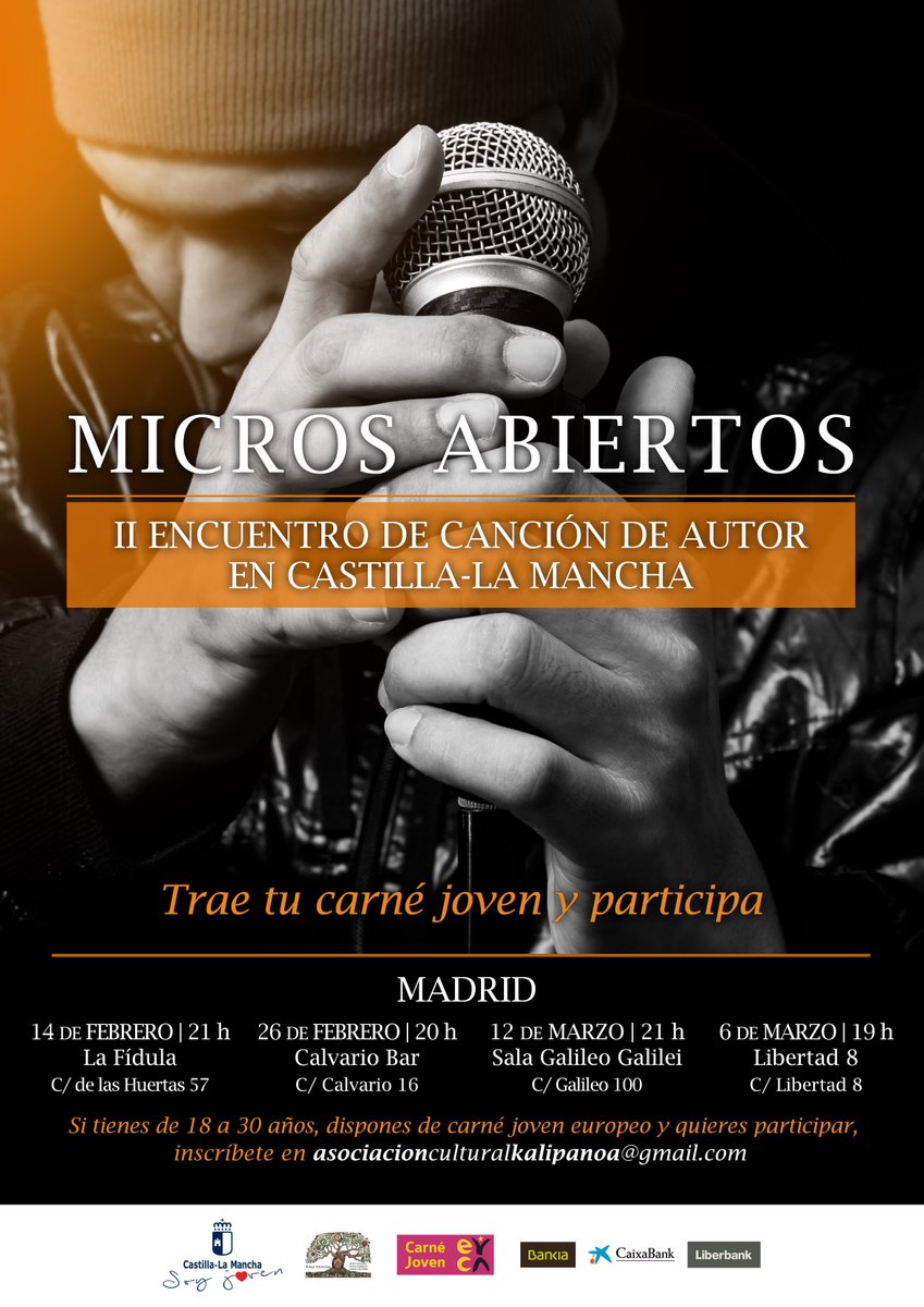 juventudclm's tweet photo. Prosiguen los #MicrosAbiertosCLM, dentro del II Encuentro de Canción de Autor de #CLM, hoy en la Biblioteca de Guadalajara, a las 20 horas. Todavía te puedes apuntar, presentándote allí.Y el lunes 12, a partir de las 21 horas, Gran Micro Abierto en la Sala Galileo Galilei #redsij https://t.co/QuwAQjq0xS