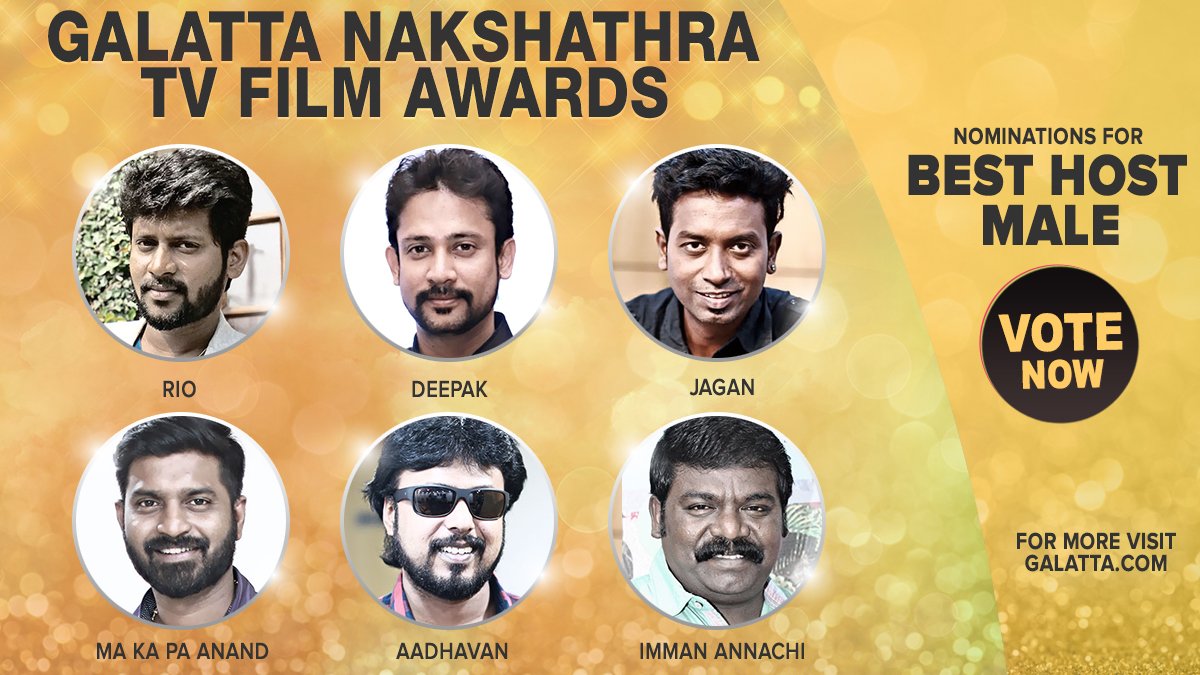 galattadotcom's tweet photo. VOTE -->> Galatta Nakshathra TV &amp; Film Awards!

Vote your favorite star for the 'Best Host - Male' Award - https://t.co/SpJ8JwoXTY

#Rio #Deepak #Jagan #MaKaPaAnand #Aadhavan #ImmanAnnachi #GNTFA #GalattaNakshathraTVandFilmAwards @rio_raj @dinkardeepak @makapa_anand https://t.co/LwCqy2t64q