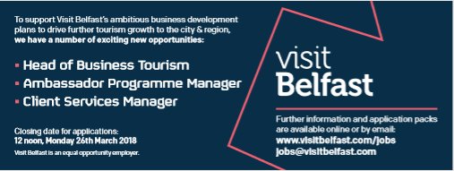 VisitBelfastOrg's tweet photo. We're recruiting! To support Visit Belfast’s ambitious business development plans to drive further tourism growth to the city &amp; region, we have exciting new opportunities in our Business Tourism team https://t.co/1utMcx2xop #bringingtheworldtobelfast #belfastjobs https://t.co/2Oqp4mU3BZ