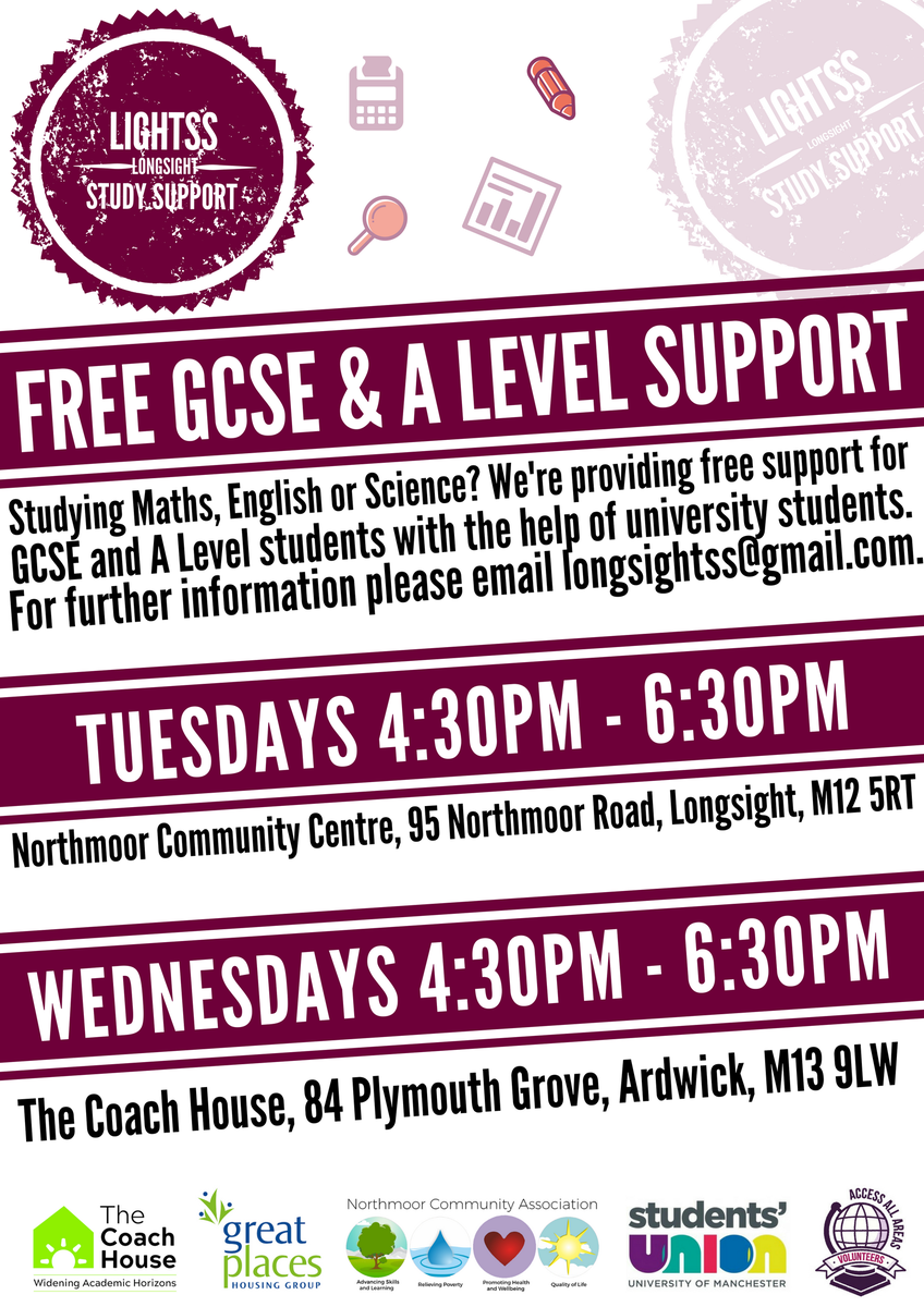 AccessMCR's tweet photo. Know anyone that could do with an extra bit of help in preparation for exams? Our volunteers are providing  FREE A Level and GCSE support for young people in Longsight and Ardwick. @Burnage_Academy @thedeantrust @TrinityHighMcr @StPetersUK @CedarMountHigh @UoMSchools @McrAcademy https://t.co/oBH7re22nN