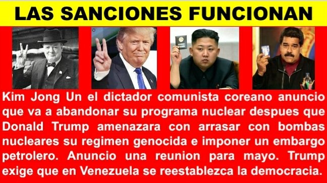 CHC31's tweet photo. COREA DEL NORTE ANUNCIO LA RENDICION: Despues que @POTUS acorralara con sanciones petroleras y una fuerza militar a Corea del Norte, el dictador genocida comunista KIM JONG UN anuncio que busca desarmar su programa nuclear. CON EL COMUNISMO NO SE DIALOGA, TRUMP ESTADISTA https://t.co/AGTFG1AP98