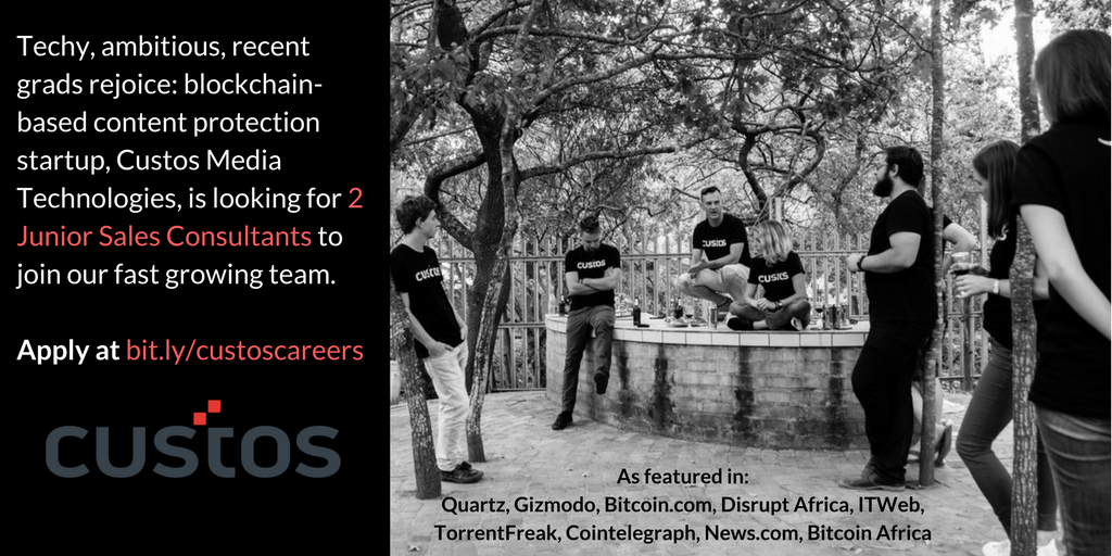 Fredericklutz's tweet photo. If you know about any exceptionally bright graduates interested to get into a startup in the #blockchain space, please send them our way. @CustosTech is hiring! #BlockchainAfrica2018 #blockchainafrica https://t.co/CMKzvzMVwq