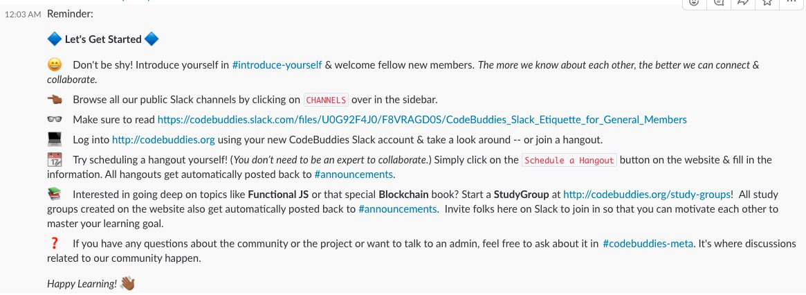 lpnotes's tweet image. Hello! Did you see the &quot;let&apos;s get started&quot; section in the #landing_pad channel? It&apos;s also in the codebuddies welcome bot. If you have any more questions, feel free to ask in #codebuddies-meta -- and don&apos;t forget to introduce yourself in the #introduce-yourself channel there too.