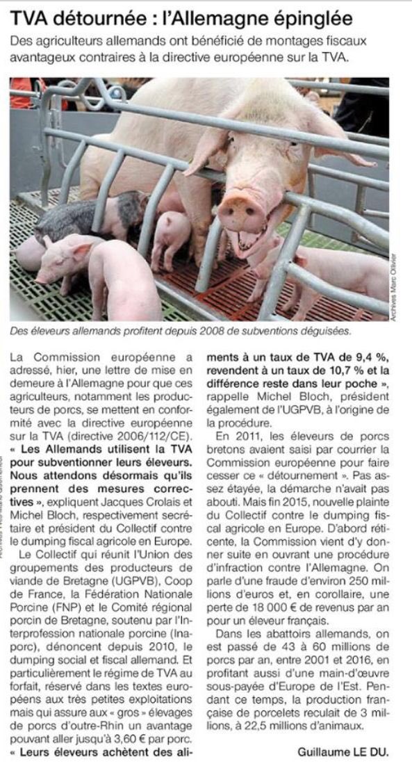 JeanArthuis's tweet photo. En 2016, @EU_Commission me répondait qu’il n’y avait pas matière à poursuivre l’Allemagne  du fait du détournement du régime forfaitaire de TVA dans les élevages porcins. Je me réjouis qu’elle ouvre enfin une enquête pour dumping déloyal. https://t.co/HqGVJHqMLz