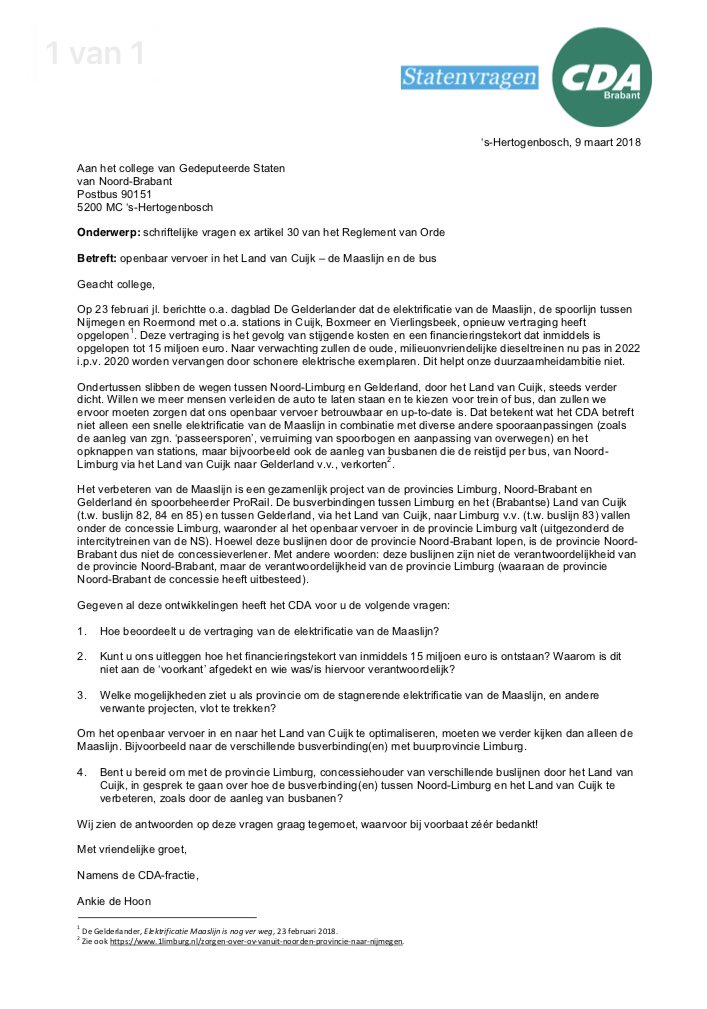CDABrabant's tweet photo. SCHRIFTELIJKE VRAGEN van Statenlid @AnkiedHoon over het openbaar in het Land van Cuijk: de #Maaslijn en het #busvervoer. Zie: https://t.co/TZVhxQyuVd