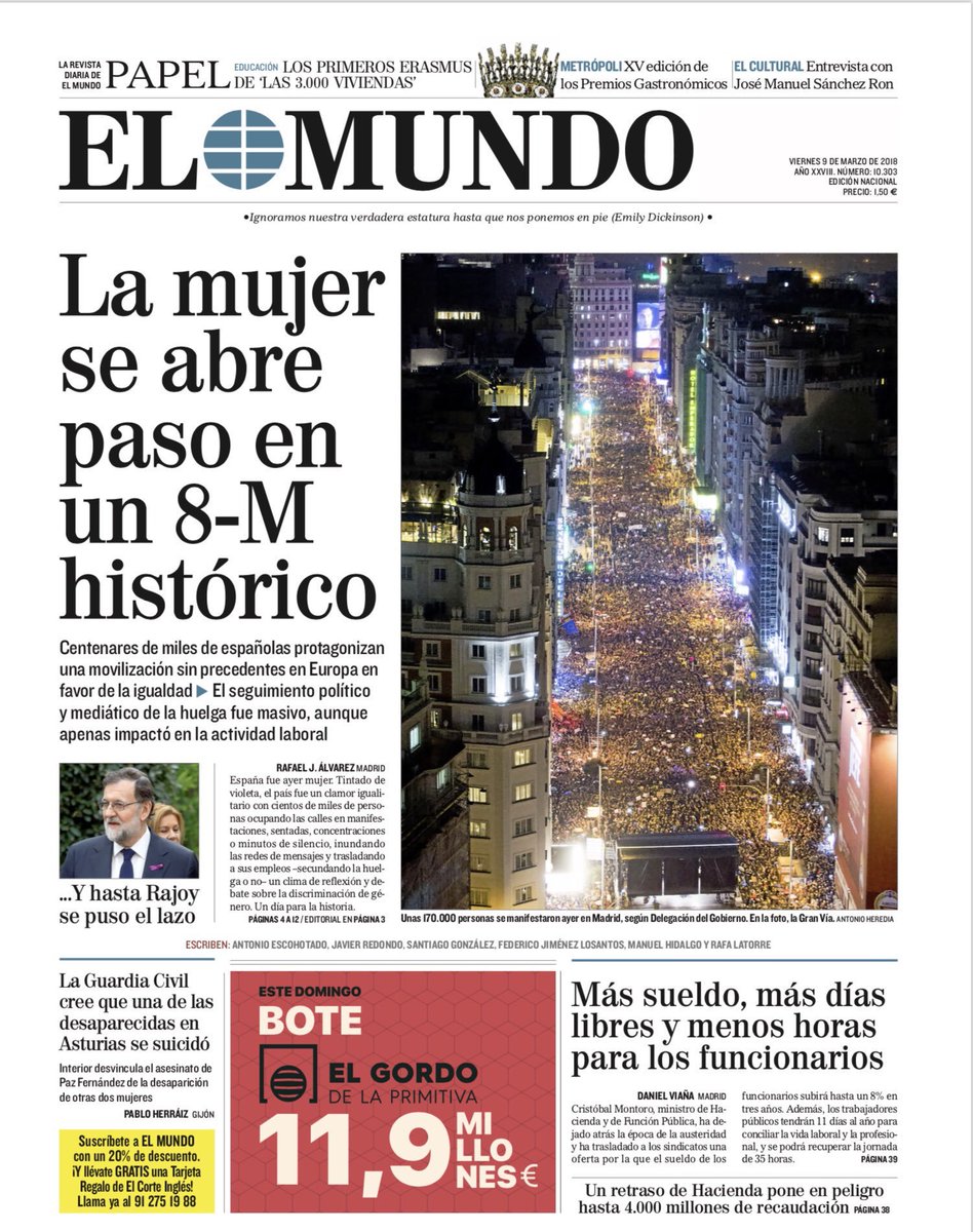 beamartinh's tweet image. Hoy coinciden las portadas de los principales periódicos nacionales .... #ElPoderDeLaMujer @el_pais @elmundoes @abc_es @larazon_es