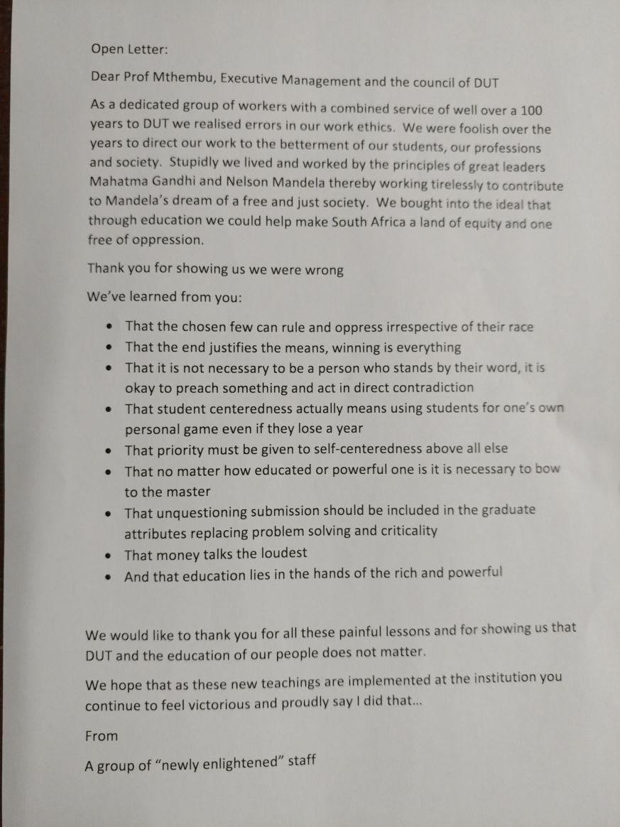 GaynorKast's tweet photo. An open letter to #DUT VC, Exco & Council...
#DUTStrike #DUTMatters #Education #Durban https://t.co/QVBJZKrJa3