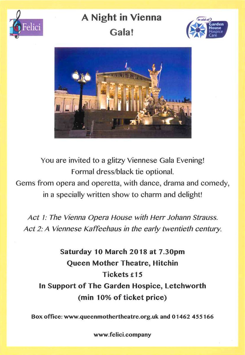 Happy Friday! We can't wait for tomorrow night's 'A Night in Vienna Gala' at <a href="/QMTweeters/">Queen Mother Theatre</a> #Hitchin.
Tickets are only £15 and can be purchased through the #theatre box office atwww.queenmothertheatre.org.uk or by calling 01462 455166. #Fridayfeeling #Opera