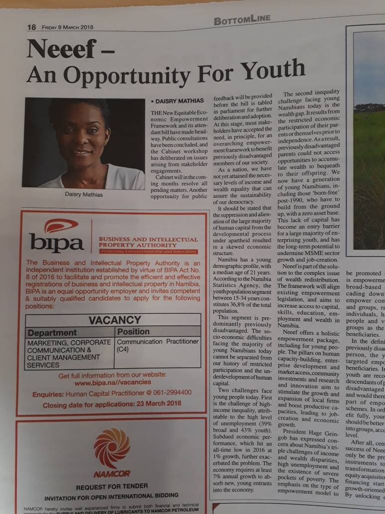 daisrym's tweet photo. Discussing equitable economic empowerment in @TheNamibian. The framework is catalytic and poised to yield long-term transformational impact. Young people will not be left out. #NEEEF https://t.co/Kd4BOJ4ujd