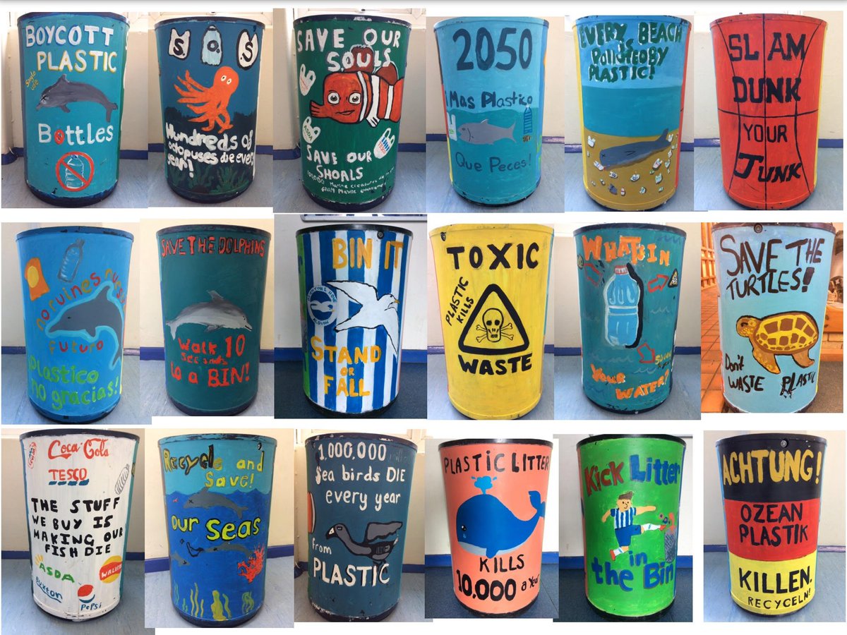 VarndeanFood's tweet photo. Our Year 8's have given the bins around school a makeover to help highlight the issue of #plasticpollution. So impressed with these designs 😀👏👍 @VarndeanSchool @sascampaigns @CarolineLucas @2minbeachclean @bbceducation @BBCSussex @brightonargus @GreenpeaceUK #SaveOurSeas https://t.co/kzEMEoNquk