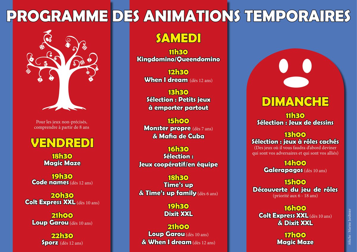 MarineJardinier's tweet photo. Ce soir c'est reparti pour le #festival du #jeu de #Pau!
Voici le programme des #animations temporaires. De nombreuses autres animations vous attendent aussi sur les autres pôles (#tournois, #figurines, #JDR, #Escaperoom, #rencontresdauteurs, ...). https://t.co/z8nNNcA5W7 https://t.co/0I5qwzNOnX