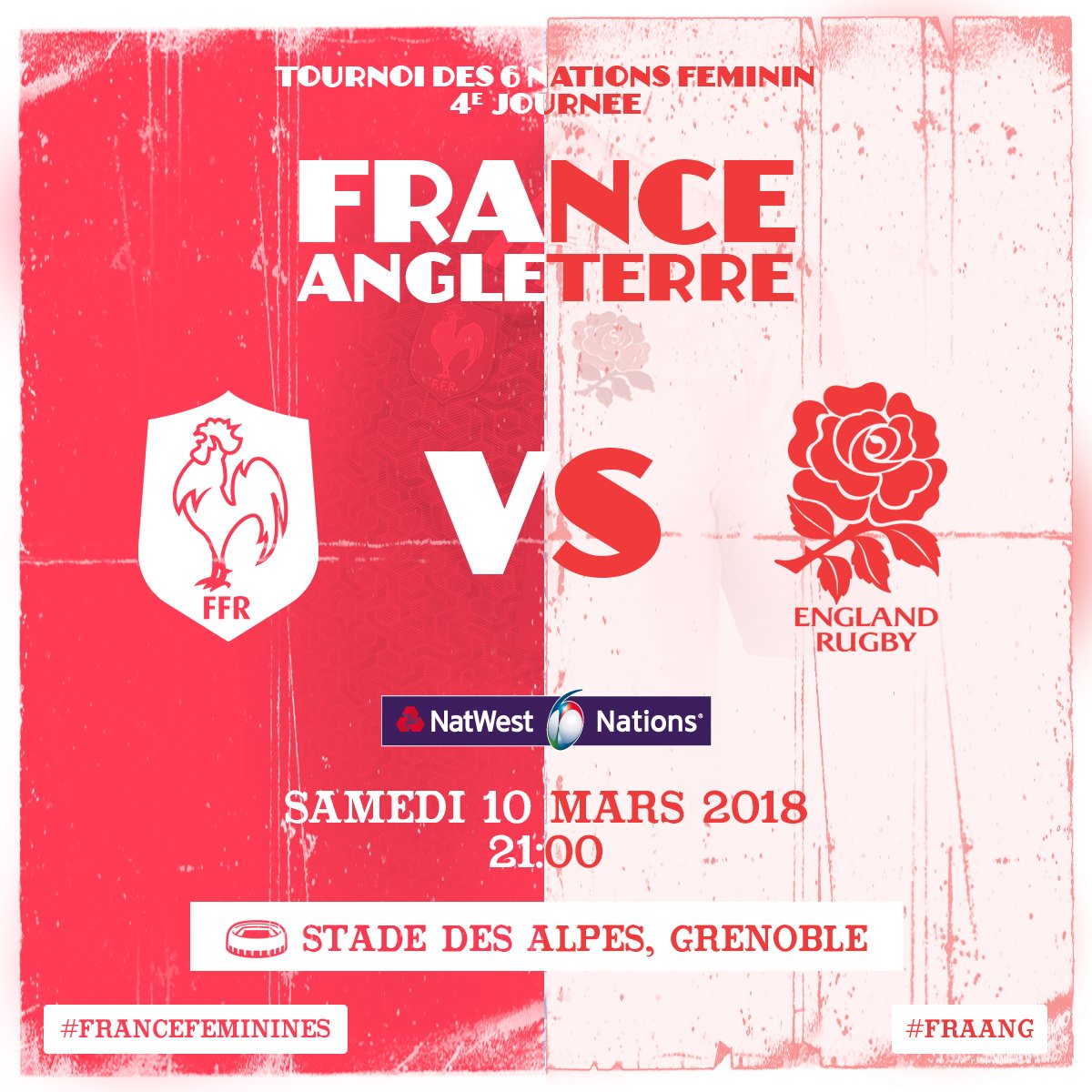 FranceRugby's tweet photo. JOUR DE MATCH pour l'équipe de #FranceFéminines !

🏆 @Womens6Nations 
4⃣e journée
🆚 @EnglandRugby 
🕘 21:00
📍@stadedesalpes, Grenoble
📺 @France4tv @francetvsport 
#⃣ #FRAANG #PrêtesAuCombat https://t.co/nRWQgbyePN
