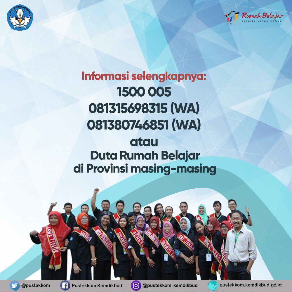 Simak langkah, syarat dan ketentuan untuk menjadi Duta Rumah Belajar, ya, #SahabatDikbud. Informasi lebih lengkap, dapat menghubungi nomor telepon yang tertera.