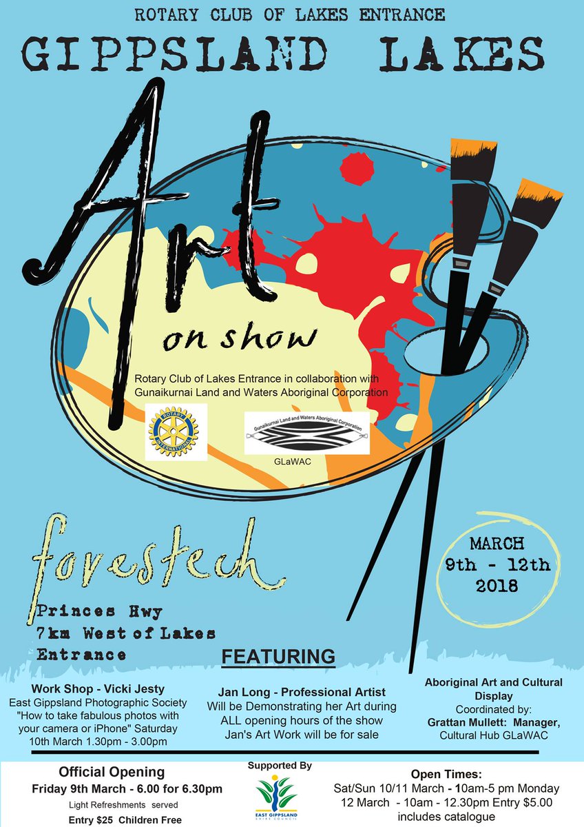 Gippsland Lakes Art on Show @ Forestech this long weekend, SAT &amp; SUN betw. 10am &amp; 5pm or MON betw. 10am &amp; 12.30pm. It is expected that over a thousand people will visit the art show again this year to see the wide range of artworks on display &amp; for sale! fb.com/lakesentrance