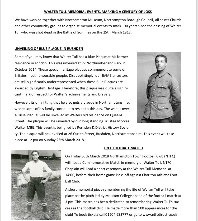 TweetNBHA's tweet photo. Don’t forget the upcoming Walter Tull events taking place in the community. #football #legend #blackhistory #militarymen #WalterTull #memorial #communityspirit #community #events #Northampton #Northamptonshire https://t.co/sk0IGt4Oxa