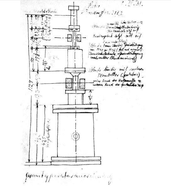 Sketch by Ernst Ruska (dated 9 March 1931) of the cathode ray tube for testing one-stage and two-stage electron-optical imaging by means of two magnetic electron lenses (electron microscope). #NobelPrize