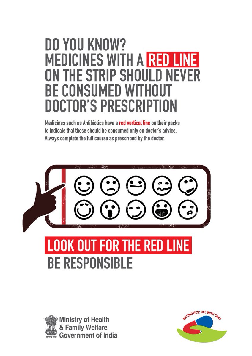 A RED LINE on the strip of medicines implies that the medicine should not be consumed without a doctor's prescription. 
#SwasthaBharat #AyushmanBharat #MoHFW <a href="/JPNadda/">Jagat Prakash Nadda</a> <a href="/AshwiniKChoubey/">Ashwini Kr. Choubey</a> <a href="/AnupriyaSPatel/">Anupriya Patel</a>