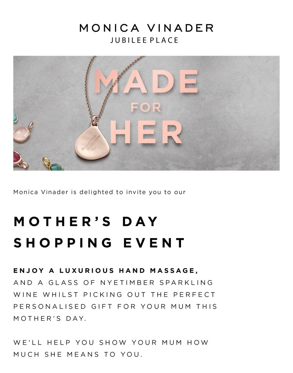 Visit the <a href="/MonicaVinader/">Monica Vinader</a> store in #CanaryWharf today to shop personalised #MothersDay #jewellery gifts (while enjoying a hand massage and a glass of Nyetimber sparkling wine) 🍾