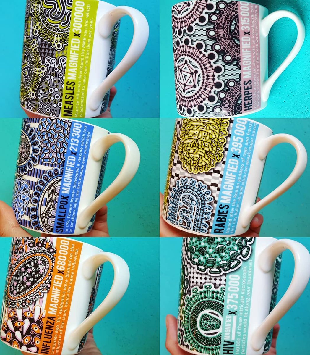 thefty's tweet photo. Each #Retroviral mug includes the virus name, magnification and a piece of trivia about its structure, etymology or its place in history. (#edwardjenner gets a shout out, as does #mauricehilleman.) See more on our Kickstarter page: https://t.co/DjU7dVTal4 #scimug #artsci #sciart https://t.co/ogSHd0s9Ct