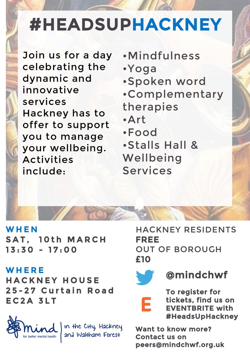 City & Hackney TC (@cityhackneytc) on Twitter photo Join us tomorrow at #HEADSUPHACKNEY to celebrate the services Hackney has to offer to manage wellbeing. <a href="/mindchwf/">Mind in the City, Hackney and Waltham Forest</a> <a href="/justaddspice/">Spice Time Credits</a> <a href="/CityHackneyTC/">City & Hackney TC</a> Join us tomorrow at #HEADSUPHACKNEY to celebrate the services Hackney has to offer to manage wellbeing. <a href="/mindchwf/">Mind in the City, Hackney and Waltham Forest</a> <a href="/justaddspice/">Spice Time Credits</a> <a href="/CityHackneyTC/">City & Hackney TC</a>