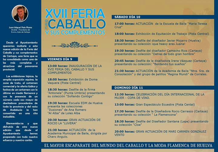 Hoy nos vamos hasta Cartaya para disfrutar de la moda flamenca de la zona con los desfiles de Antonella, Javier Mojarro, <a href="/camacho_rios_cr/">camachoRios</a> y <a href="/sdsantanasd/">Santana Diseños</a> en la XVII Feria del Caballo y sus complementos. 
Permaneced atentos a mis RRSS que os daré todos los detalles en EXCLUSIVA.