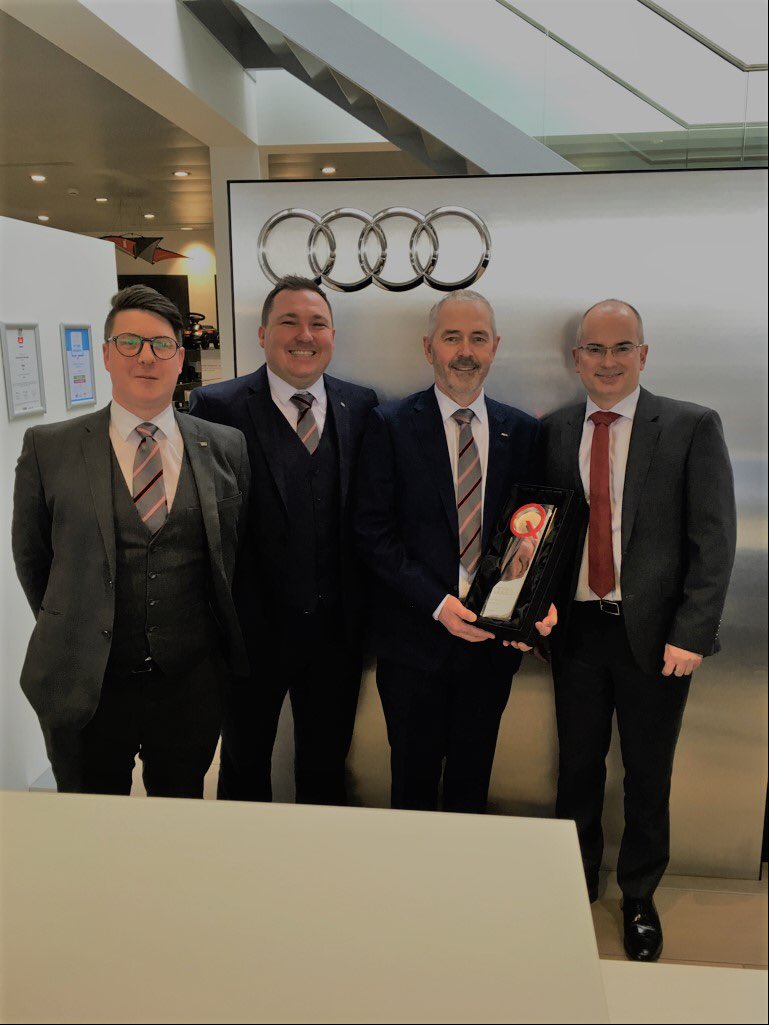 HullAudi's tweet photo. The team at Hull Audi receiving their 2017 Qpower award from John Bower of Audi UK. Qpower recognises excellence in all aspects of performance, so it’s a fantastic achievement and a credit to everyone on site! Well done guys! 👍 https://t.co/D2EkMjwjIH