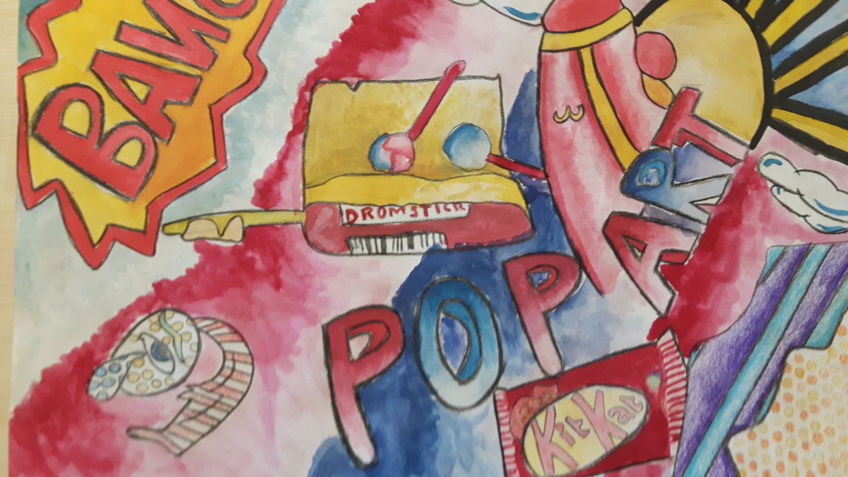 StreetFodder's tweet photo. Yay, my first finished #Year 8 Pop Art Final piece. 'Please will you put it on display Miss?' Try n stop me!☺ @GrangeTech https://t.co/ObRsik1Lxy