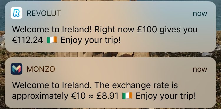 Corchall's tweet image. Interesting to see the different approach @monzo and @RevolutApp take to currency messaging.