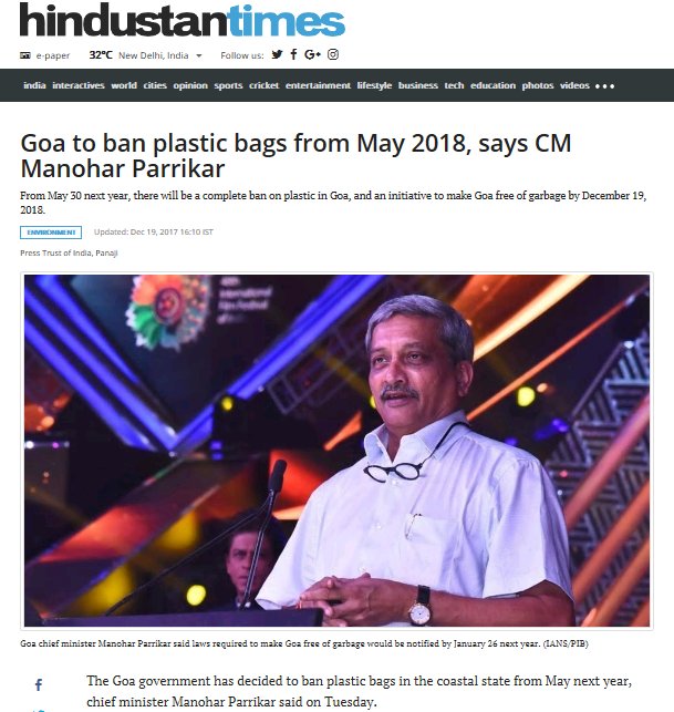 Swachh_NorthGoa's tweet photo. Goa to ban plastic bags from May 2018, says CM Manohar Parrikar
From May 30 next year, there will be a complete ban on plastic in Goa, and an initiative to make Goa free of garbage by December 19, 2018
https://t.co/KW3dssVg31
@swachhbharat #ZSBP #SBMG @manoharparrikar https://t.co/dAtePm2hwg