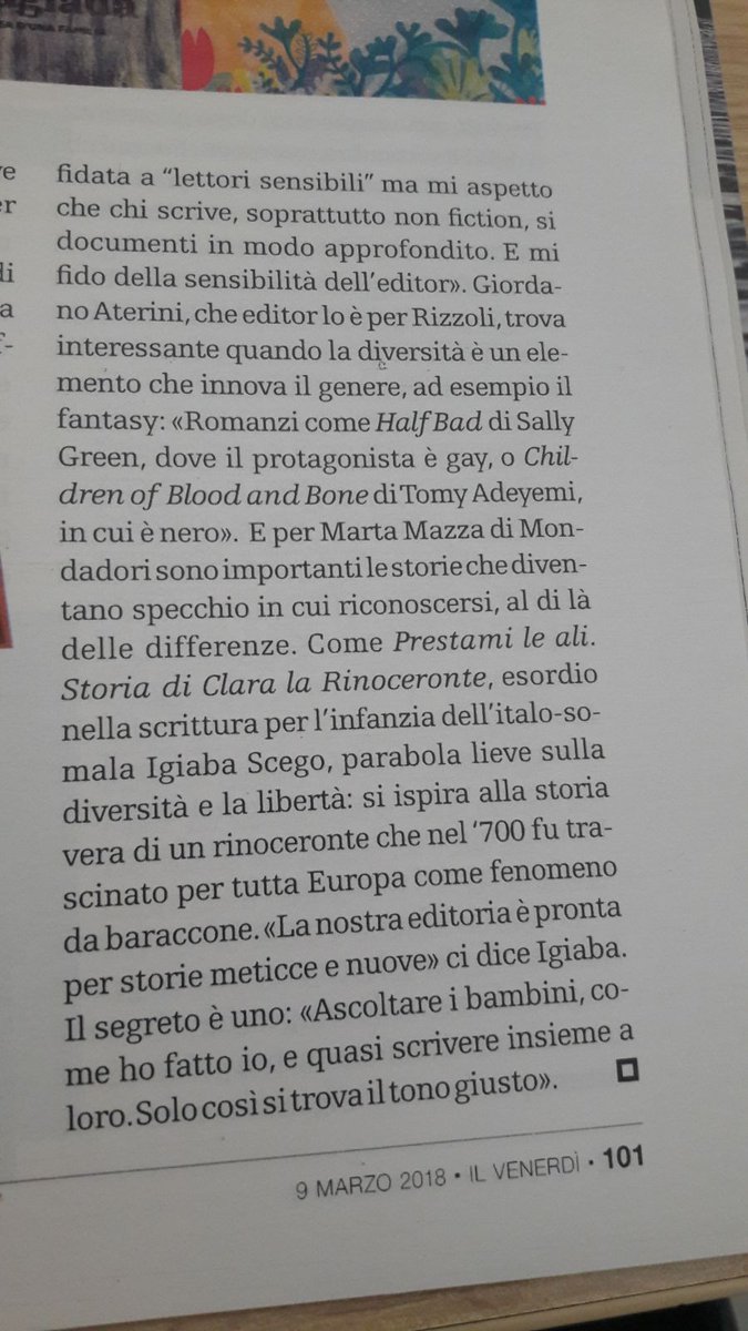 <a href="/LaraCrino/">Lara Crinò</a> sul #Venerdi di <a href="/repubblica/">Repubblica</a> parla di libri per ragazzi, minoranze, temi sensibili, meticciato e cita Prestami le ali. Storia di Clara la rinoceronte (testo mio, illustrazioni Fabio Visintin) <a href="/rroseeditore/">rrose sélavy</a> 😍😍😍