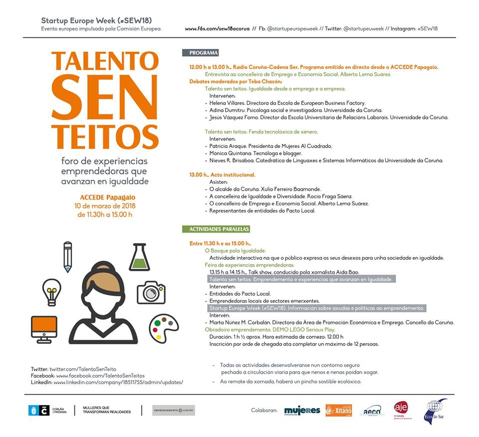 TalentoSenTeito's tweet photo. .@radiocoruna retransmitirá en directo un programa especial desde @TalentoSenTeito. Será de 12 a 13h, e incluirá unha entrevista ao concelleiro @LemaAlberto e dous debates: Igualdade desde o emprego e a empresa e a Fenda tecnolóxica de xénero, moderados por @TebaChacon #SEW18 https://t.co/MnRkCgIAwb