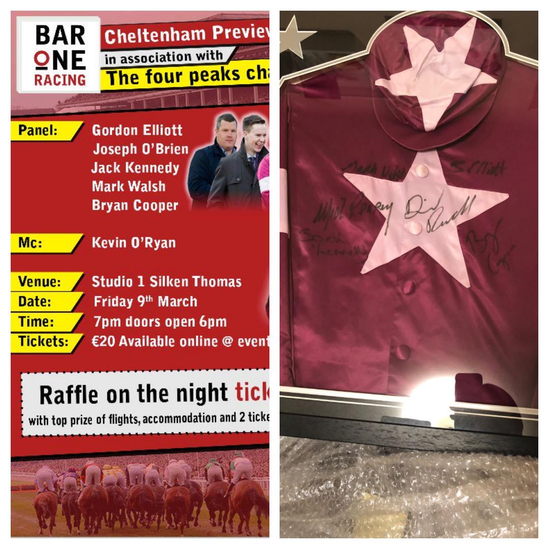 fourpeak2018's tweet image. This is the day tickets available at door  @CheltenhamRaces @TheSilkenThomas with this star studded panel great night in store plus this framed signed colours  up for auction tonight  @gelliott_racing @jackkennedy15 @92bryan92 @@JoesphOBrien2 @irishkor @BarOneRacing @kfmradio