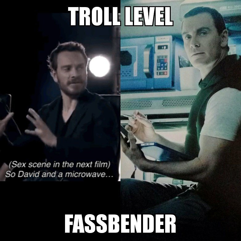 StudioYutani's tweet photo. It's like they are trolling us!
 . . . 
Happy weekend people 😂
On the left. Prometheus interview 2012, on the right Alien: Covenant 2017. He remembered!
 . . . 
#Prometheus #alienprequel #meme #funny  #michaelfassbender #david8 #meetwalter #AlienCovenant #alien #weylandyutani https://t.co/BwRZ8JeTyy