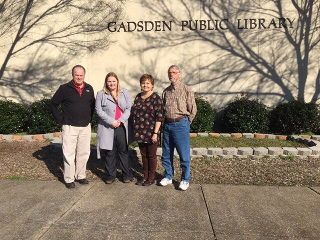 USGPO's tweet photo. GPO’s Jaime Hays visits Alabama’s @gadsdenlibrary  The library has been part of GPO’s Federal Depository Library Program (#FDLP) since 1963.
The library’s founding began with a reading room, which led to the Carnegie Foundation awarding a $10K grant to build a library in 1905. https://t.co/DQKpKKJmQz