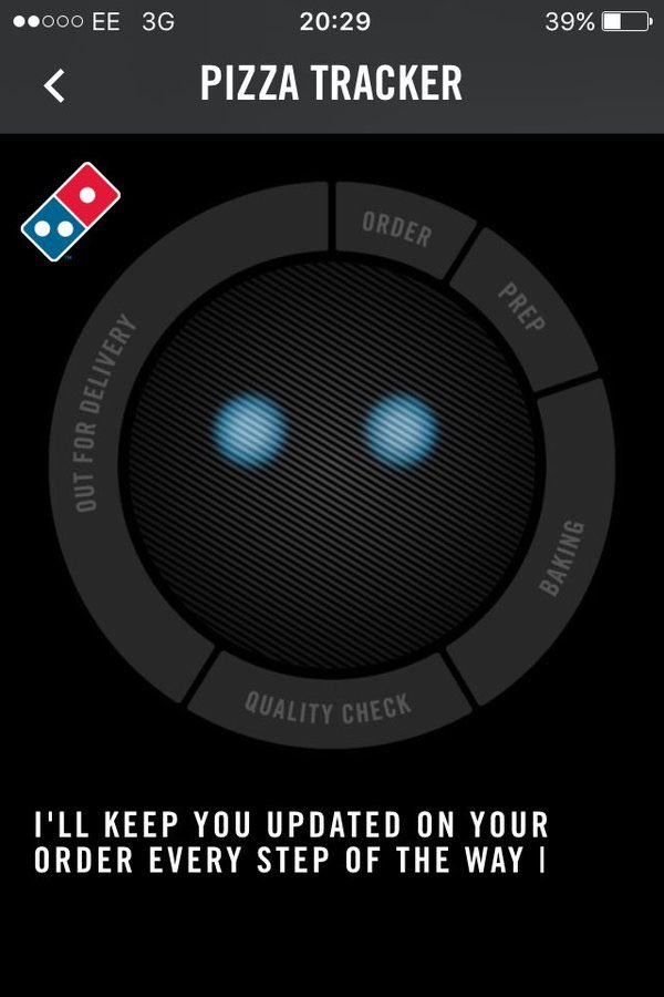 JennyB250's tweet photo. When ordering takeaway food, many apps such as dominos and deliveroo have introduced a form of gamification where you ‘track’ your food/deliverer. This supports the idea of games being ‘pleasantly frustrating’ and results in people constantly anticipating the arrival. #ls2lnm https://t.co/ajGIqgYsIi