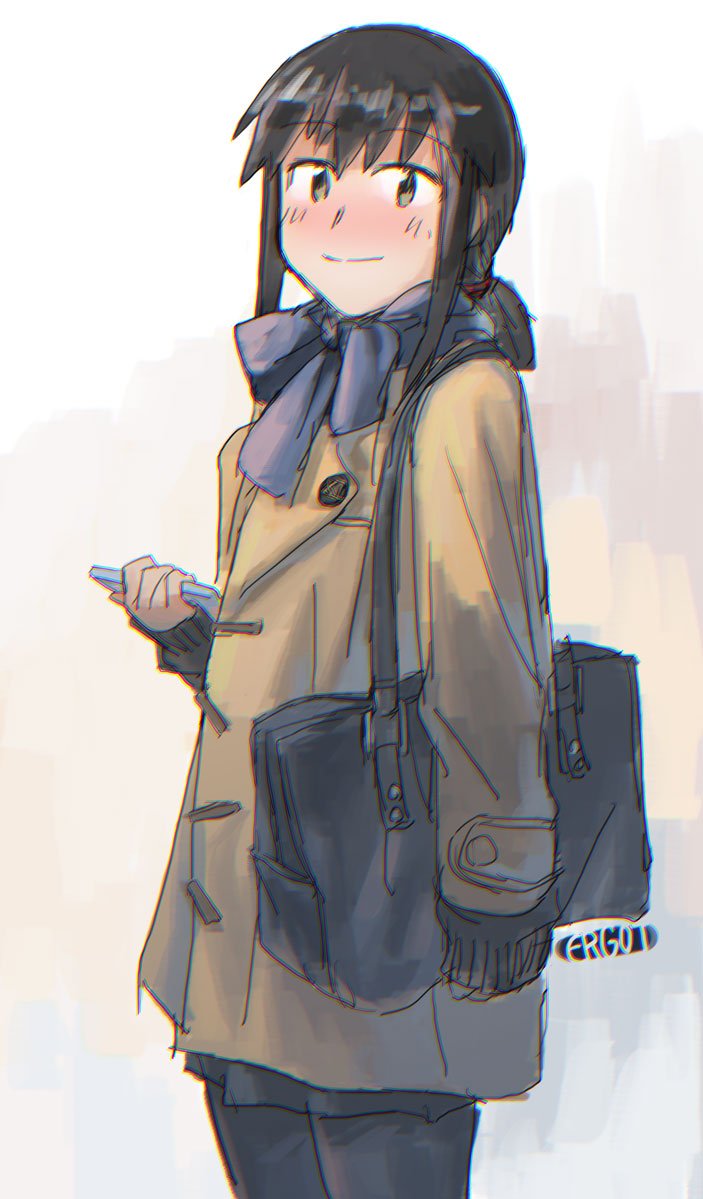fubuki (kancolle) 1girl solo black hair phone scarf bag cellphone  illustration images