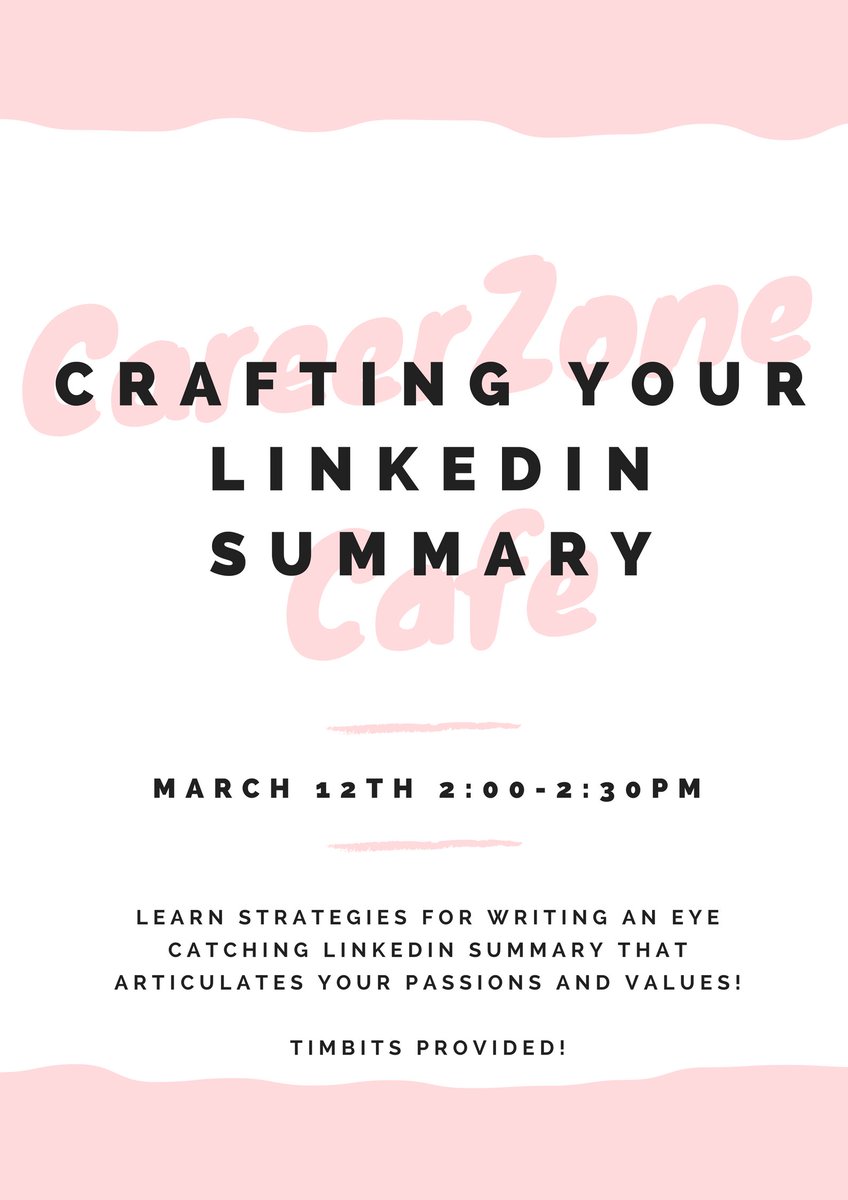 BrockCareerZone's tweet photo. Join us for our next CareerZone Cafe on Crafting your LinkedIn Summary!

March 12th 2018 | 2:00 - 2:30 PM | CareerZone in Guernsey Market

Learn strategies for writing an eye catching LinkedIn Summary that articulates your passions and values! https://t.co/F9lDxYqeUJ