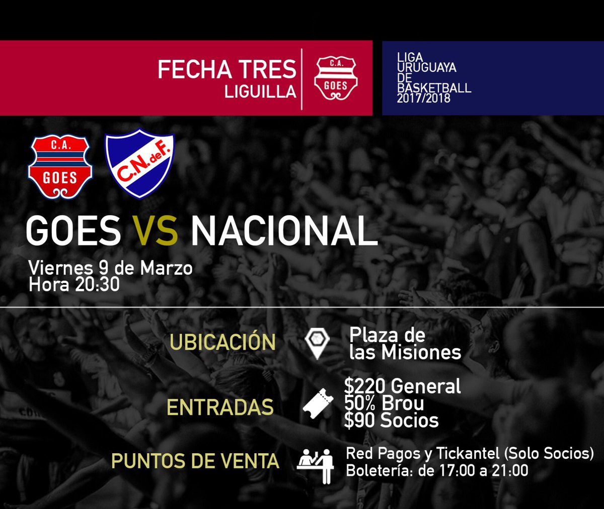 clubgoesoficial's tweet photo. #FechaTres #Liguilla
Esta noche recibimos a @BasketballCNdeF a partir de las 20:30 hrs. Recordamos que será SOLO con público misionero y las entradas se pueden comprar en secretaría a partir de las 17:00 hrs. Socios de Goes también pueden adquirirlas por RedPagos y Tickantel. https://t.co/ME98zKa6YV
