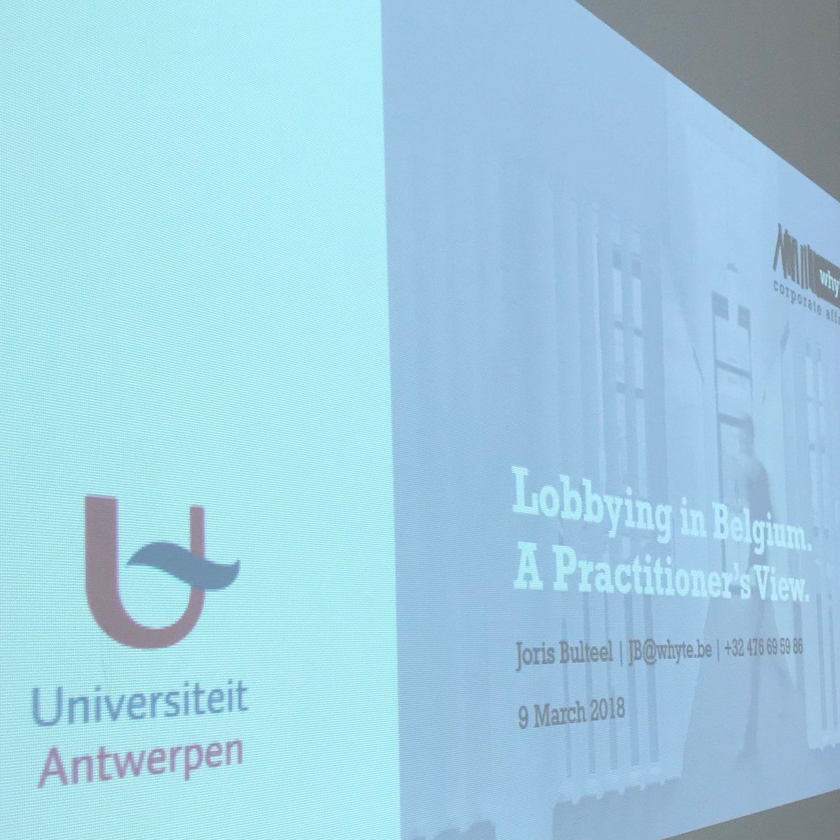 Whyte_CA's tweet photo. Back to school! Lecture on #lobbying in Belgium - a practitioners’ view at Universiteit Antwerpen #whyteatwork #publicaffairs #antwerpoffice #brusselsmeetsantwerp https://t.co/b5DkqgzEAW