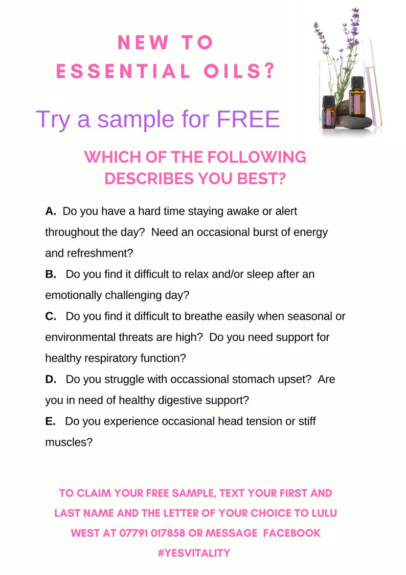 HarmonyPawsUK's tweet photo. New to Essential Oils?  Try a sample for free!  Which of the following describes you best? Send a message to #yesvitality with the letter of your choice.  #essentialoils #digestivesupport #sleep #Alert #breathe #stiffmuscles #luluwest https://t.co/mFvzNVfnrj