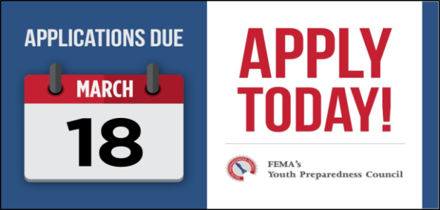 Citizen_Corps's tweet photo. Only 4 days left! Have an 8th-11th grader you know apply for the @fema Youth Preparedness Council; it’s an opportunity to help your community: https://t.co/elFwaa7jPn. #ApplytoYPC #YouthPrep https://t.co/MT9QFr1CMo