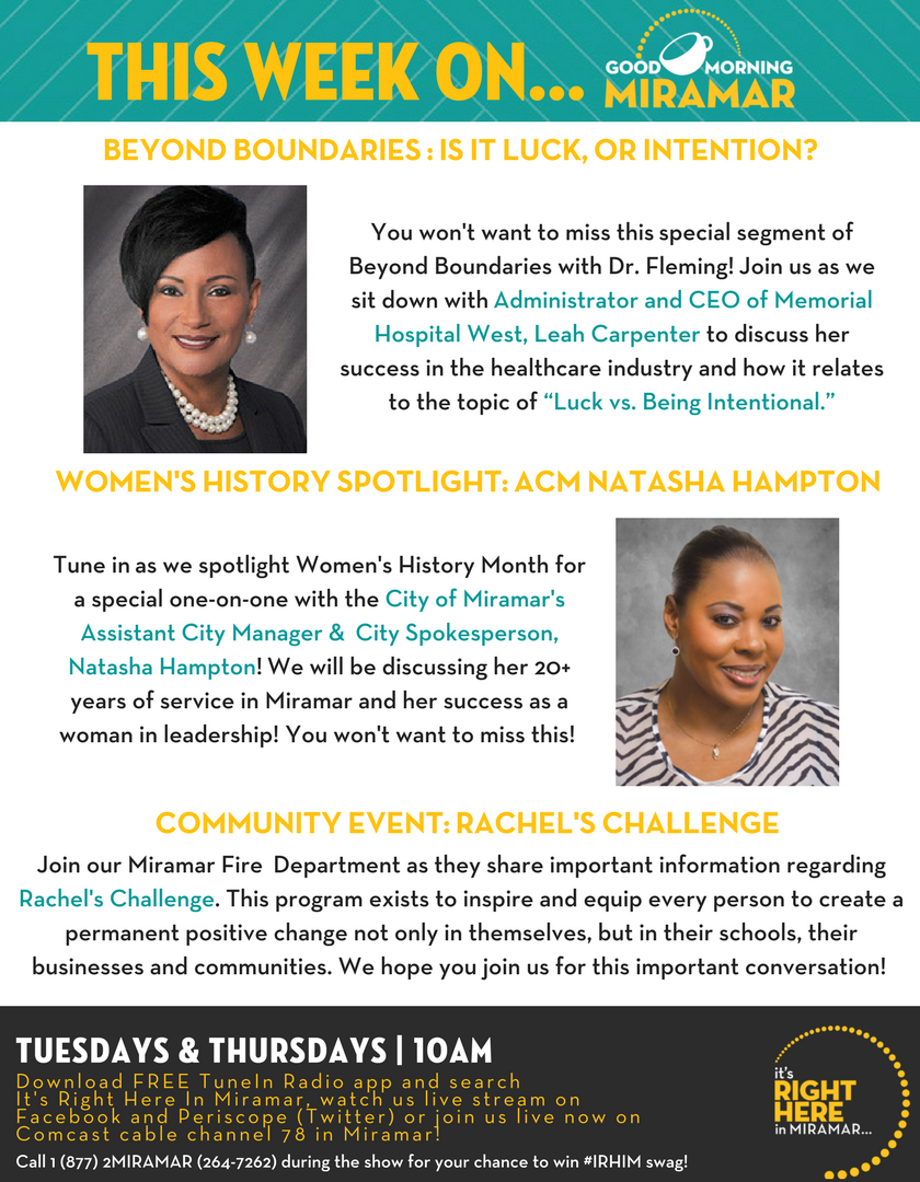 CityofMiramar's tweet photo. NEXT WEEK ON #GMM: We are celebrating Women’s History Month with a spotlight on City of Miramar 20+ years veteran Employee, Assistant City Manager Natasha Hampton @intellady1. Tune in to hear how she’s made Women’s History! #IRHIM https://t.co/U8oUghgC8R