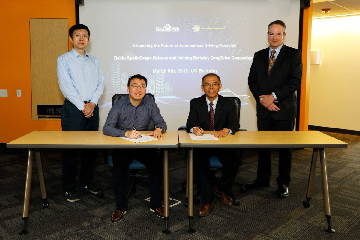 Baidu_Inc's tweet photo. .@ApolloPlatform joins #BerkeleyDeepDrive, partnering w/ a consortium of academia & enterprises to advance #computervision & #machinelearning for auto applications. To coincide w/ the partnership, ApolloScape, a massive new #AutonomousDriving dataset was also released @UCBerkeley https://t.co/4AFb1cOxCv