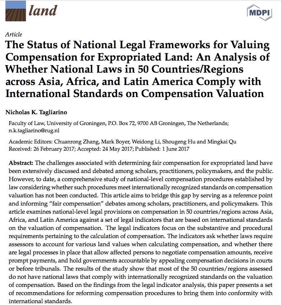 Very happy to see my article on land compensation requirements in 50 countries has been downloaded 2000 times! The time has come for governments to reform land compensation procedures to comply with the #VGGT <a href="/leonverstappen/">Leon Verstappen</a>  <a href="/Land_MDPI/">Land MDPI</a> <a href="/landportal/">Land Portal</a> mdpi.com/2073-445X/6/2/…