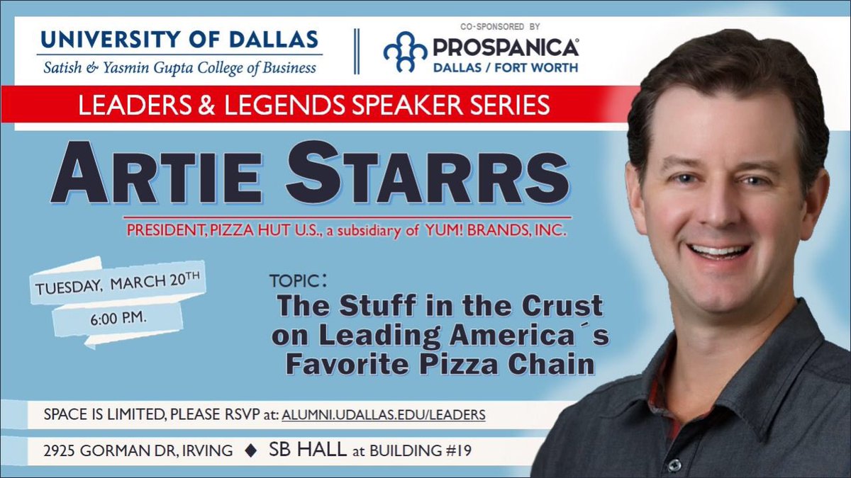 yiraburdiel's tweet photo. Join us for the 2018 Prospanica DFW's Kickoff Event in conjunction with The University of Dallas' Leaders &amp; Legends Series
Featuring Artie Starrs, President of Pizza Hut U.S. @prospanicadfw @pizzahut

#Networking #Diversity #EducationForAll 

FREE event! RSVP today! https://t.co/eYDBohDjHc